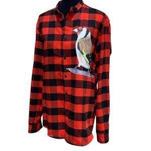 Hand Printed Upcycled Womens Large European Goldfinch Bird Plaid Shirt